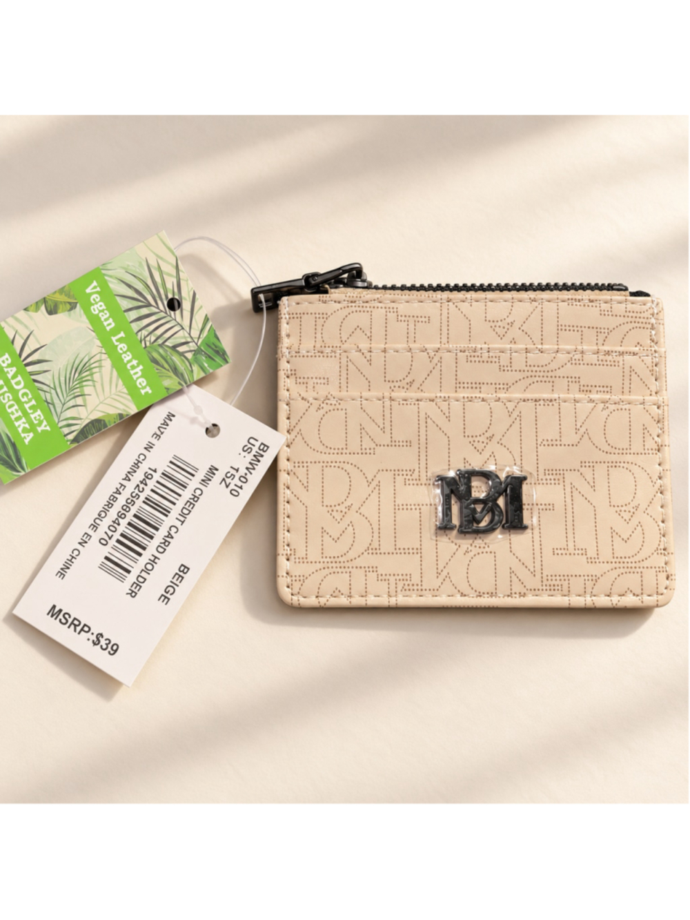 Badgley Mischka Beige Monogram Mini Credit Card Holder Zip Wallet NWT